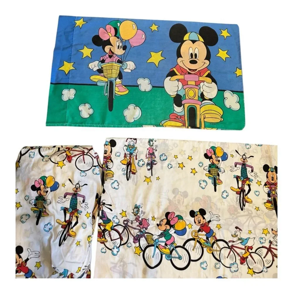 Vintage 1990's Mickey & Friends Tour De Mick Sheet Set For Twin & Pillow Bicycle